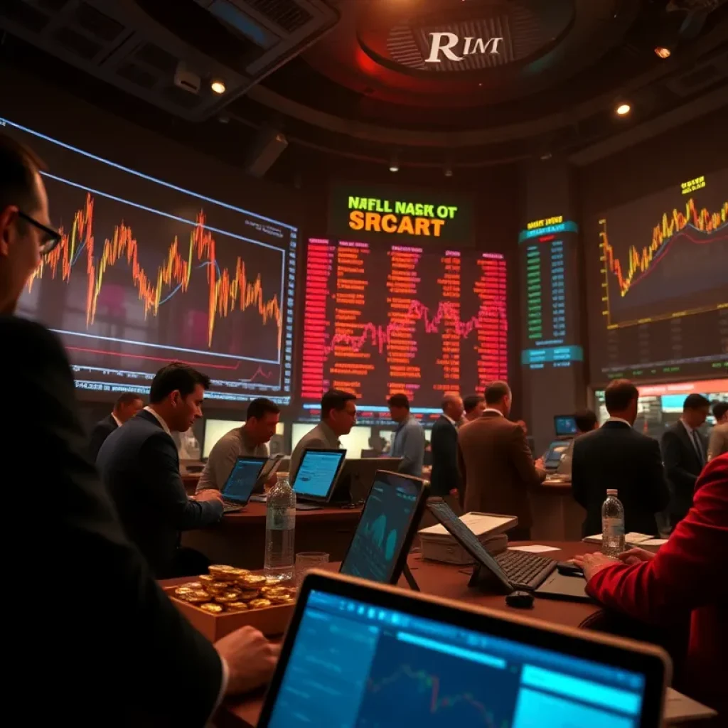 Visual representation of US stock market turmoil with fluctuating stock graphs.