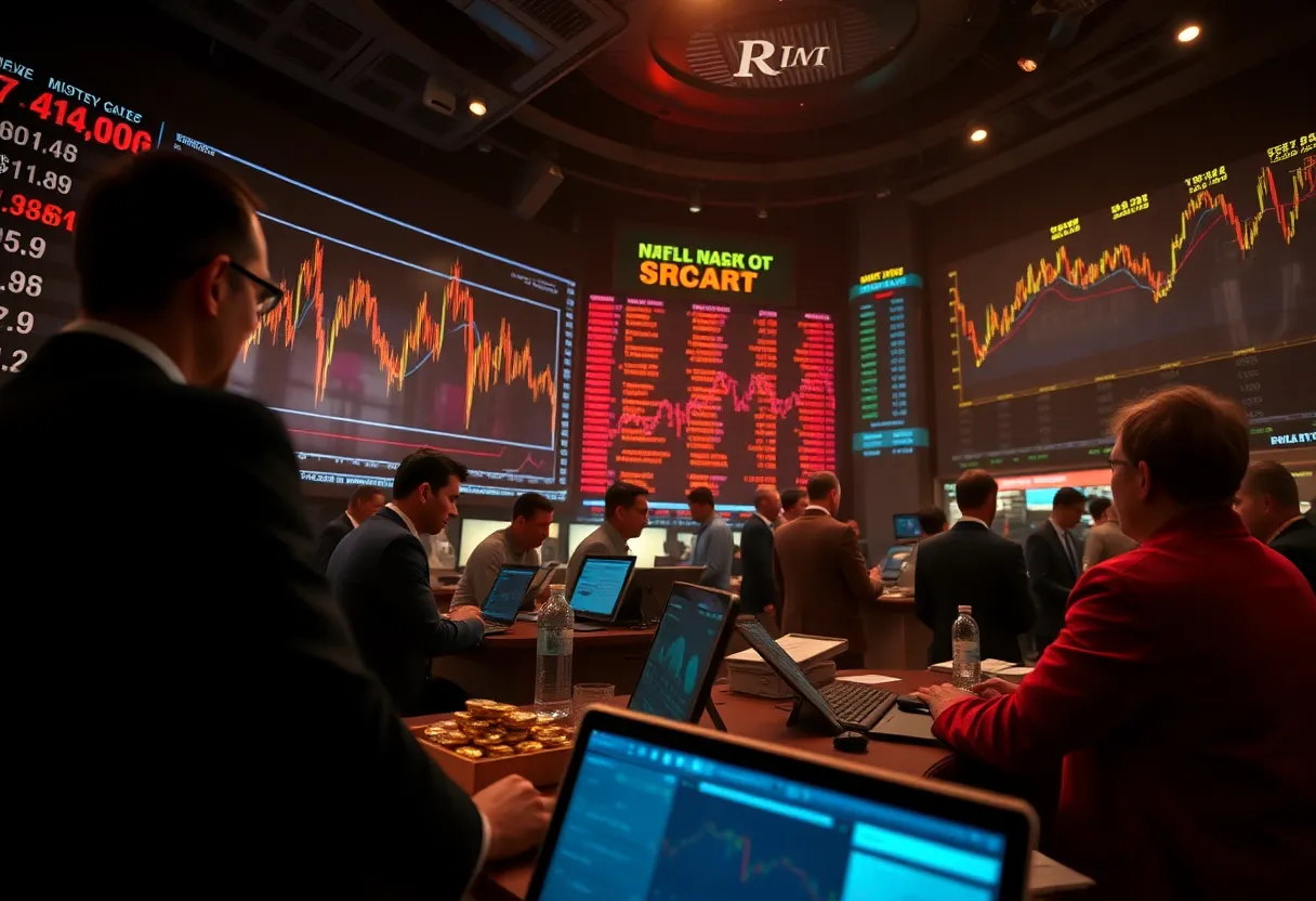 Visual representation of US stock market turmoil with fluctuating stock graphs.