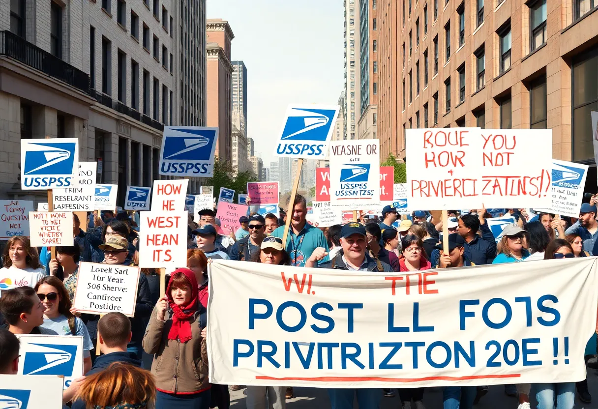 Protestors rally against USPS privatization with printed signs.