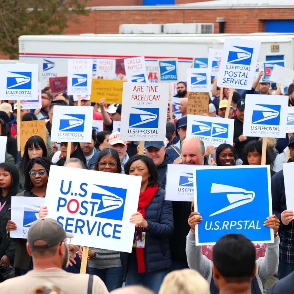 Protesters supporting the United States Postal Service holding signs