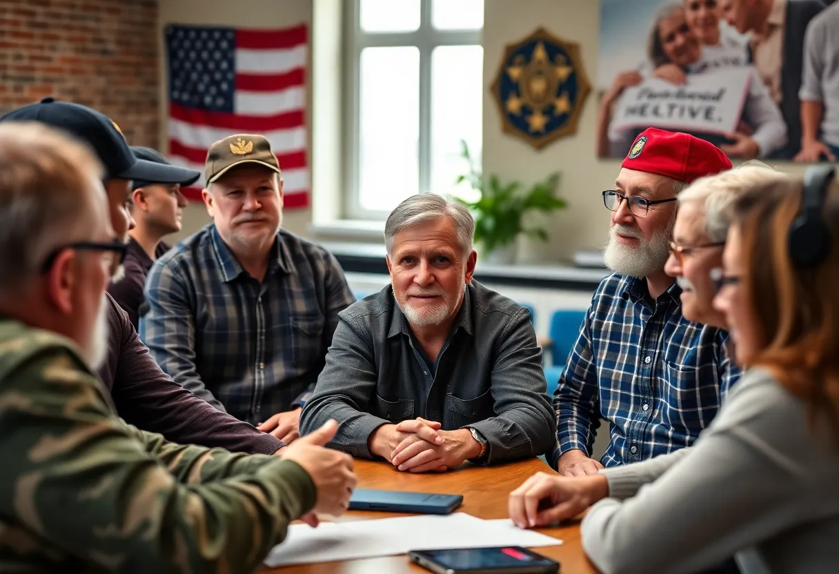 A group of veterans engaged in a support meeting.