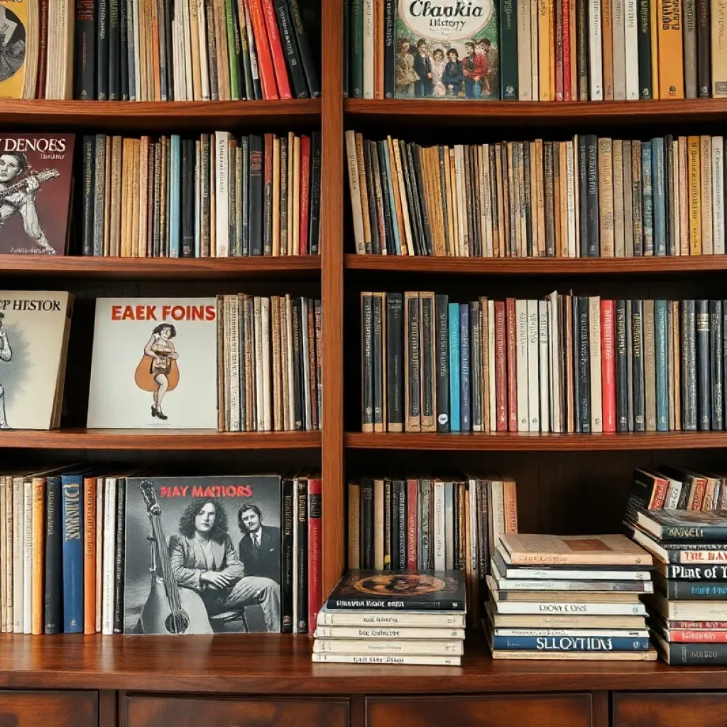 A vintage bookshelf filled with various music history books and albums.