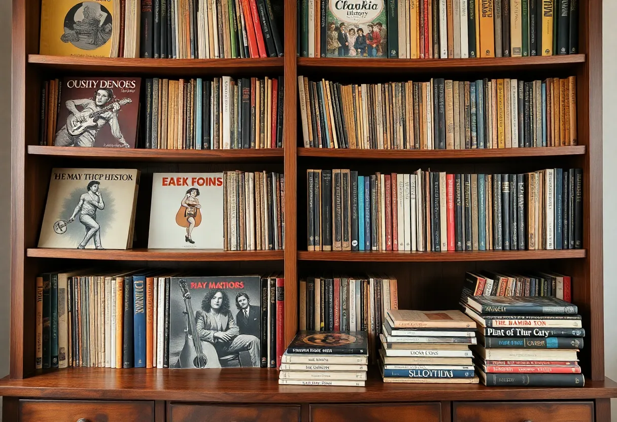 A vintage bookshelf filled with various music history books and albums.