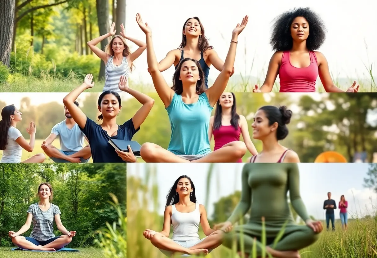 A group of individuals participating in wellness activities like yoga and meditation