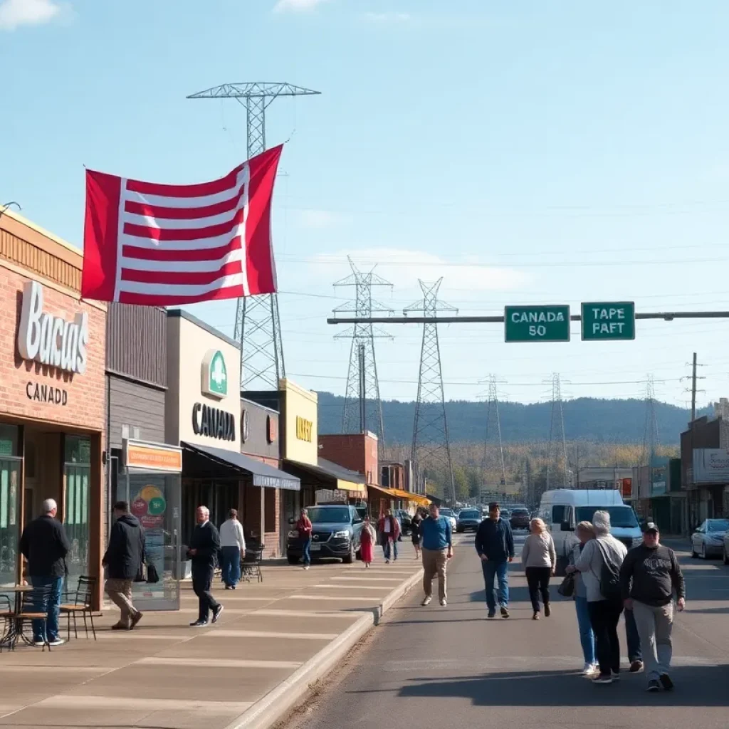 Shops and cafes in Windsor with people crossing the border