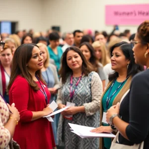 Attendees at a women's health luncheon discussing patient advocacy.