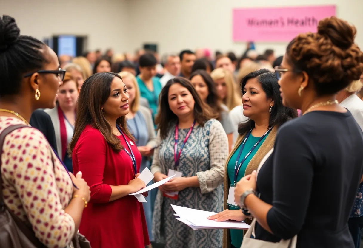 Attendees at a women's health luncheon discussing patient advocacy.