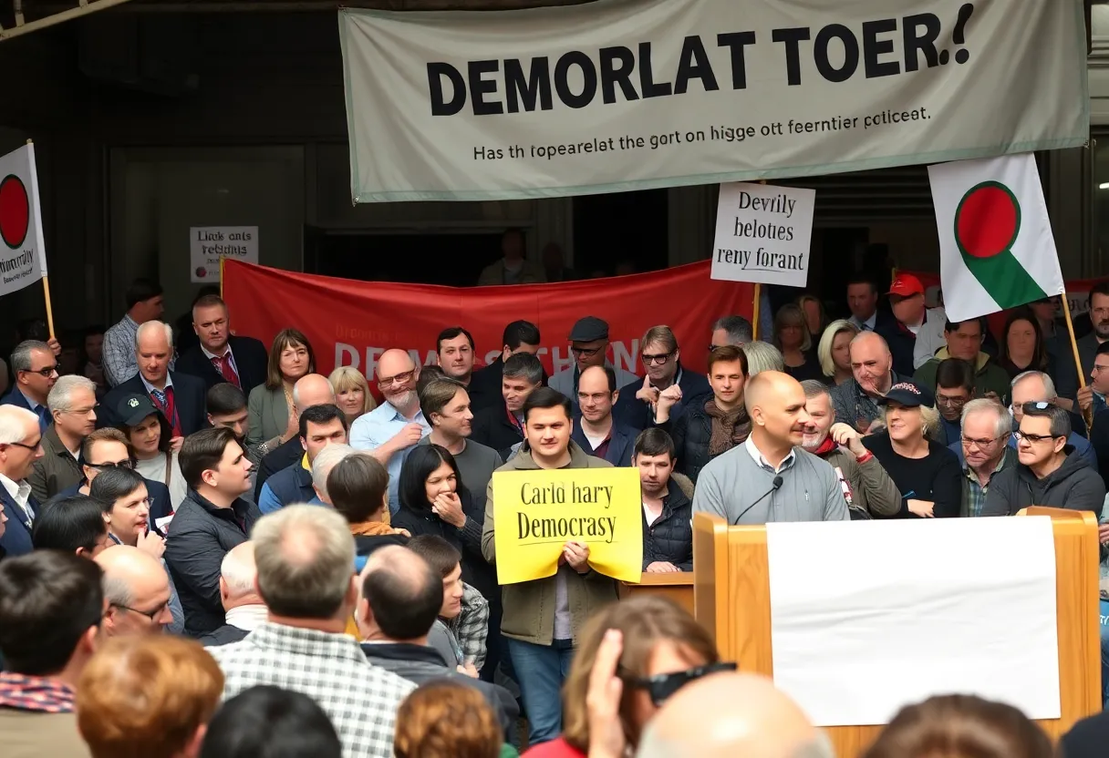 People gathered at a rally supporting democratic values.