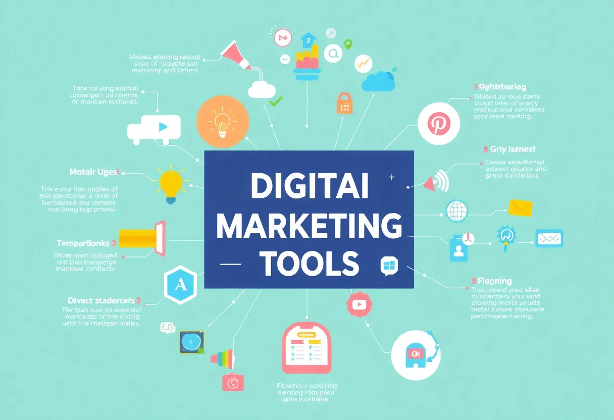 Colorful infographic showcasing interactive digital marketing tools.