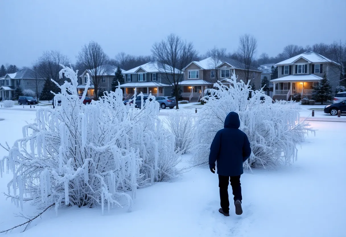 A dark residential area with ice-covered trees after an ice storm.