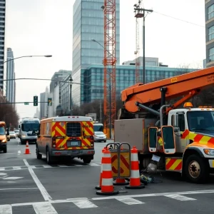 Intersection of Pauline Boulevard and Hutchins Avenue with construction equipment around