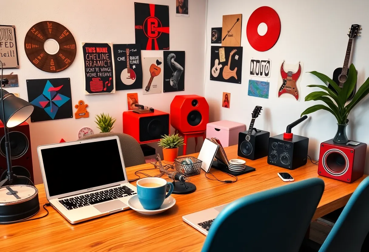 A creative workspace illustrating remote work culture in social media marketing.