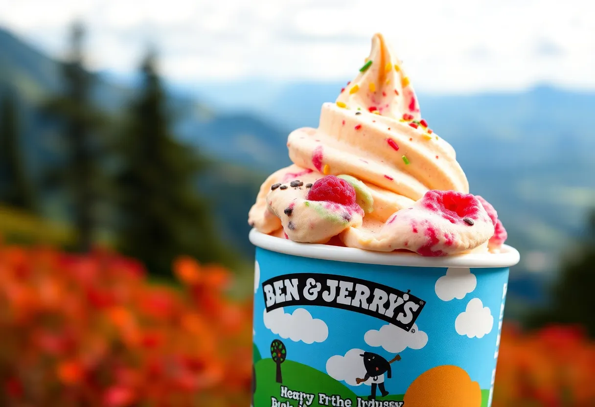 Scoop of Ben & Jerry's ice cream with colorful toppings