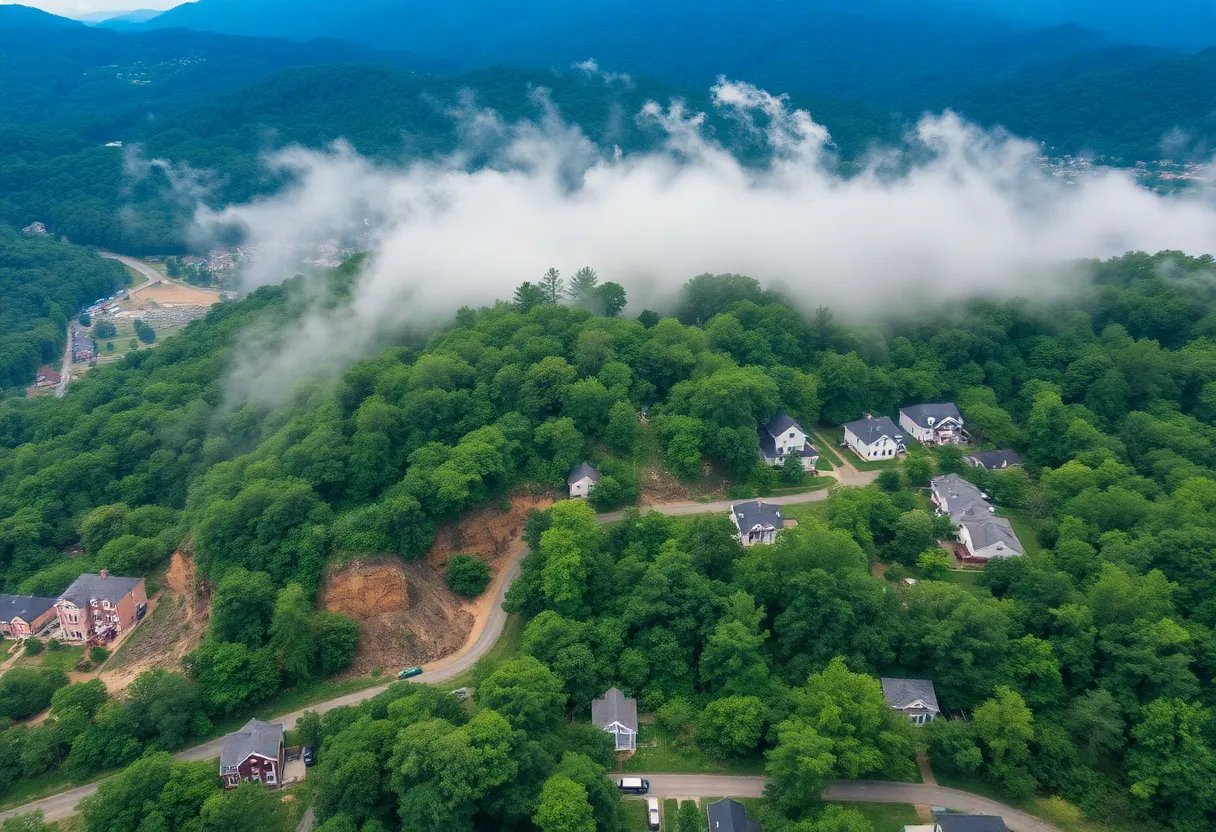 Aerial view of storm damage in Buncombe County after Tropical Storm Helene.