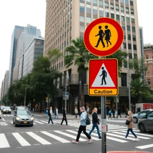 City intersection with pedestrians and vehicles near a crosswalk