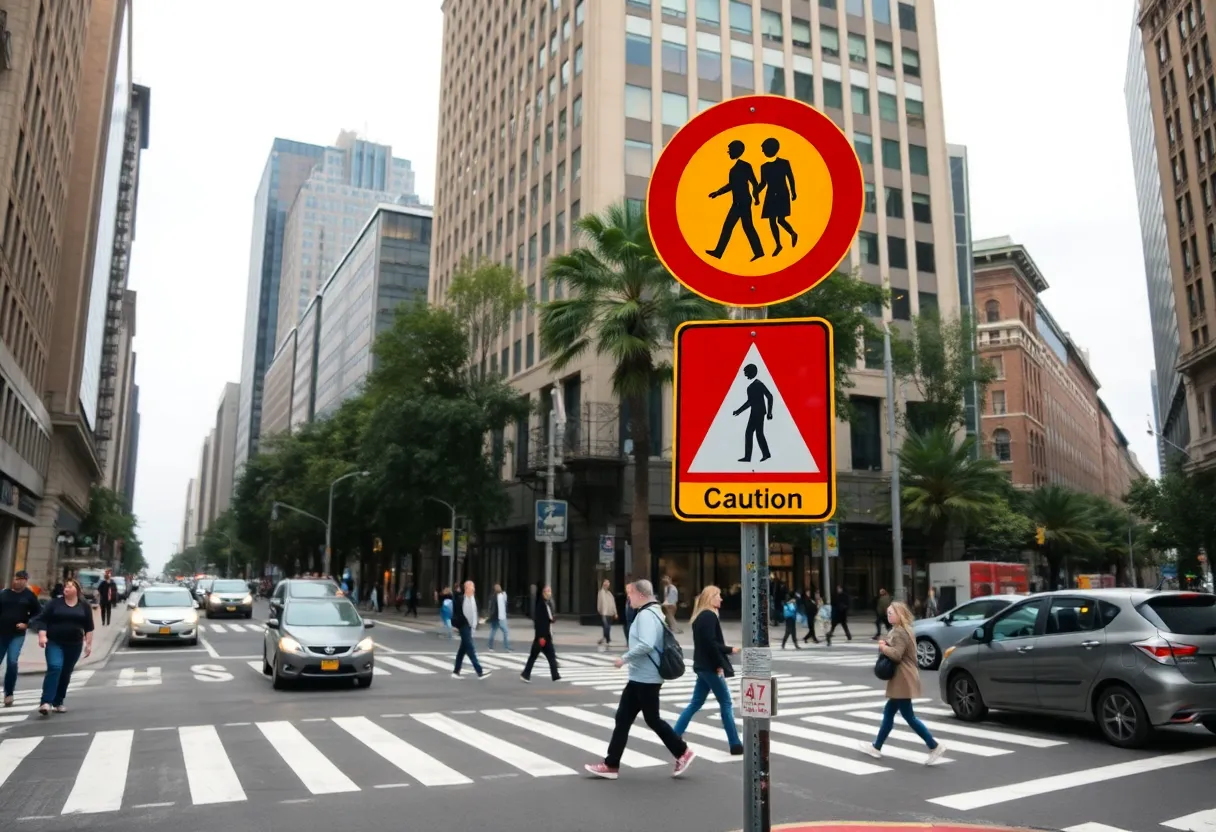 City intersection with pedestrians and vehicles near a crosswalk