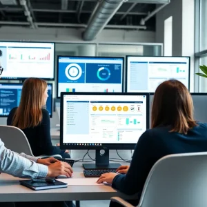 Team using digital case management software in an office