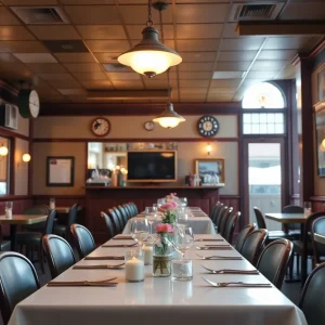 Interior of Chin's Restaurant with empty tables, warm lighting, and nostalgic decor