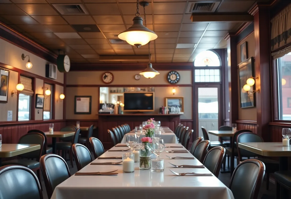 Interior of Chin's Restaurant with empty tables, warm lighting, and nostalgic decor