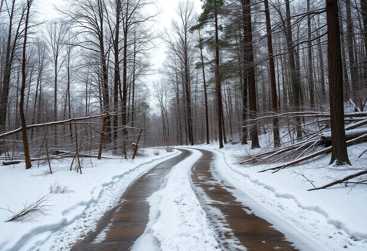 Winter landscape showing closed trails with downed trees