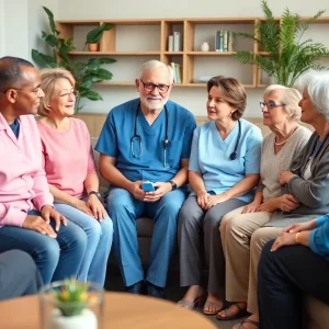 Group of patients engaged in discussion about clinical trial participation