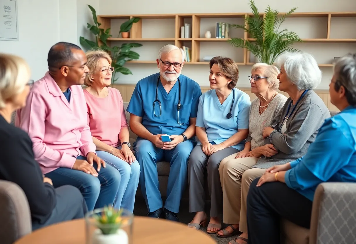 Group of patients engaged in discussion about clinical trial participation