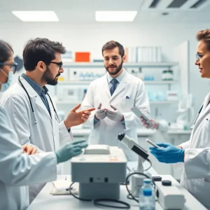 Researchers collaborating on rare disease studies