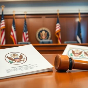 Courtroom setting showing legal documents and American flags