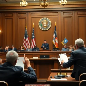 Courtroom scene illustrating a debate on voting regulations in America