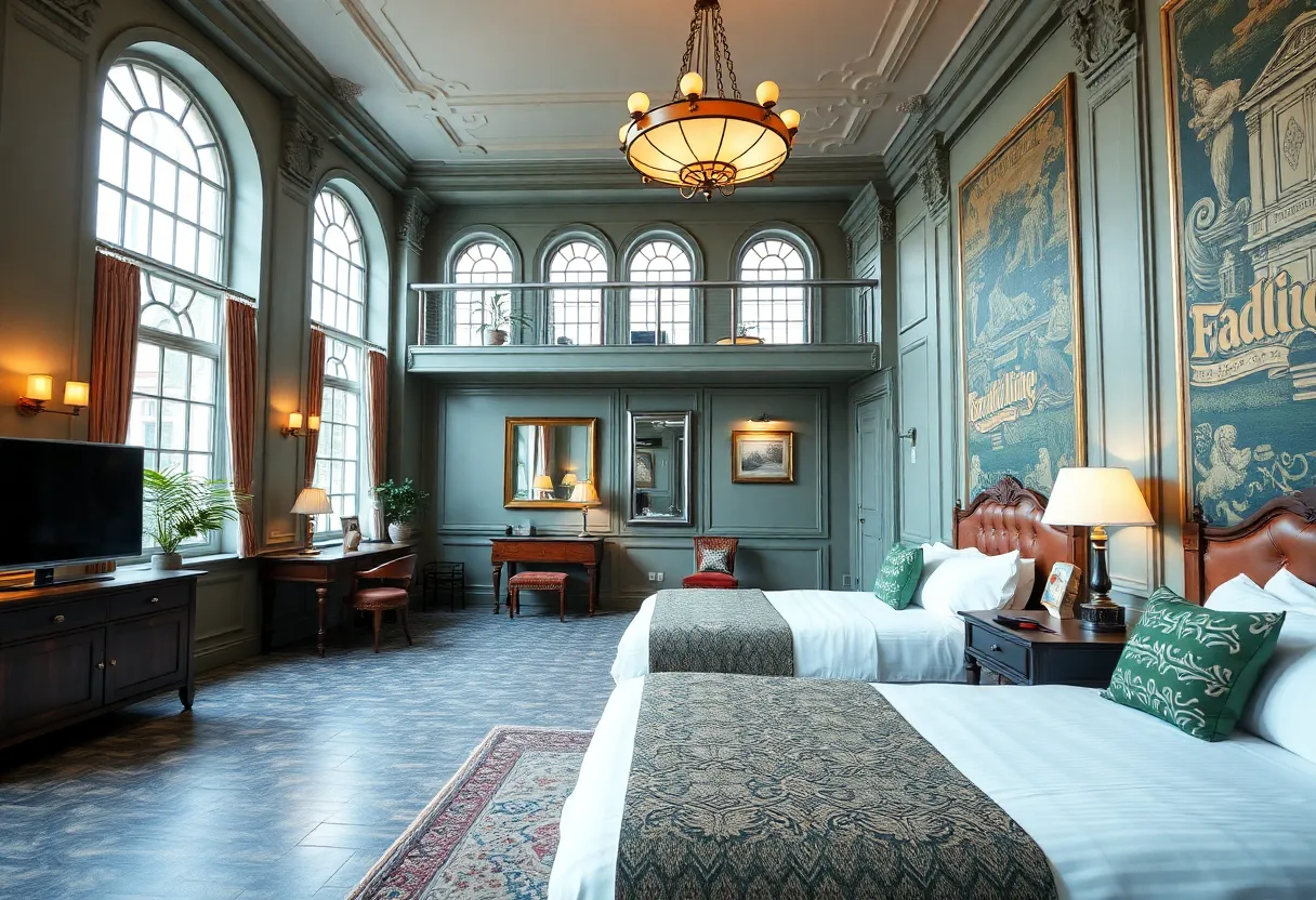 Interior view of the renovated Dearborn Inn lobby with marble flooring and elegant decor
