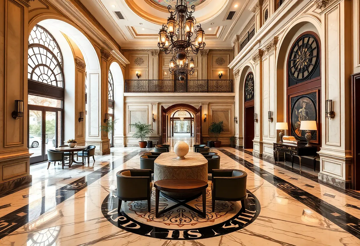 Lobby of the Dearborn Inn showcasing historic architecture and modern decor