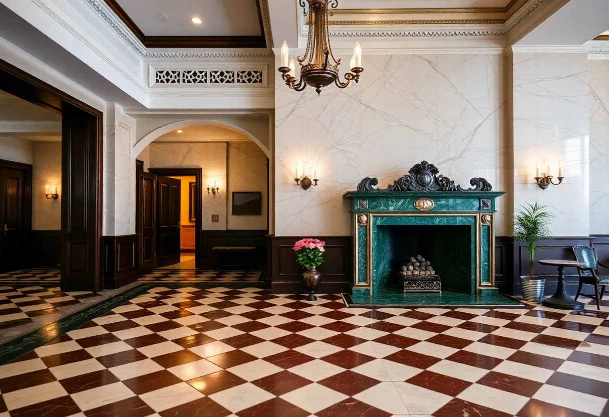 Lobby of the Dearborn Inn showing Italian marble flooring and green fireplace