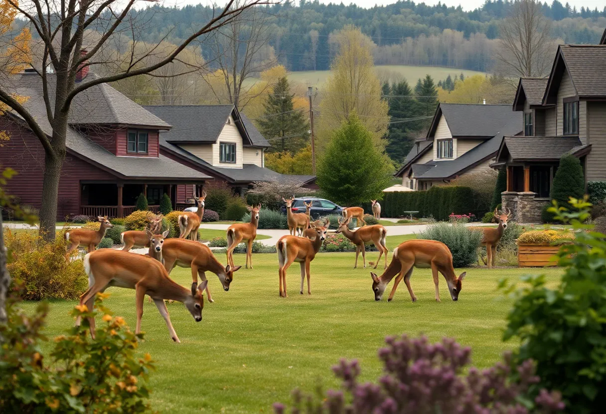Deer grazing in a residential area