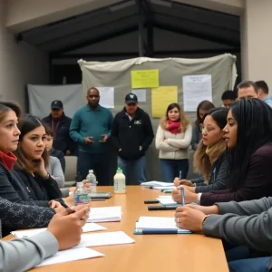 Community meeting discussing homelessness in Denton, Texas.