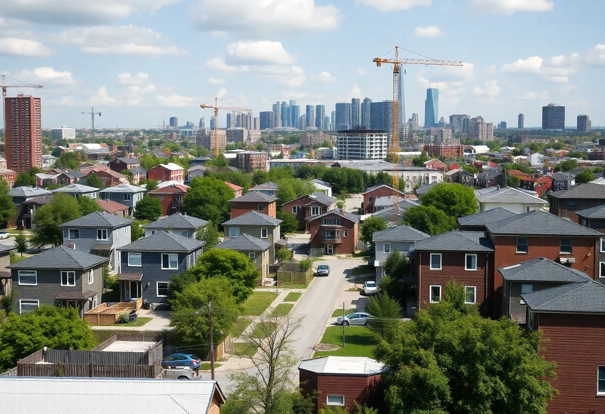 Illustration of affordable housing developments in an urban Detroit setting.