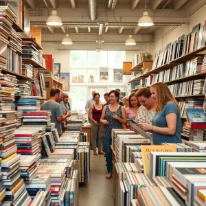 A bustling scene at the Detroit Bookstock used book sale with piles of books and eager readers.