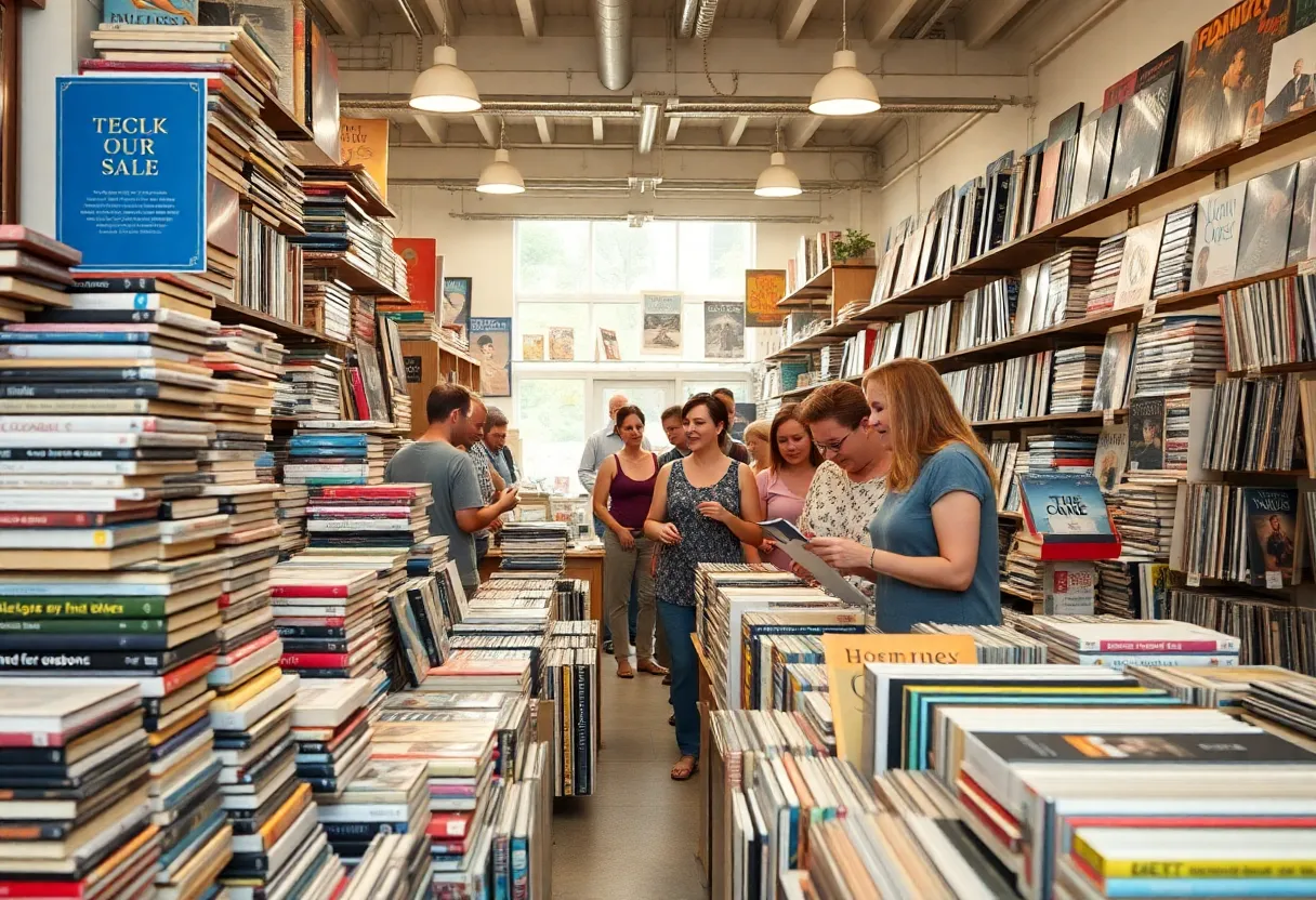 A bustling scene at the Detroit Bookstock used book sale with piles of books and eager readers.