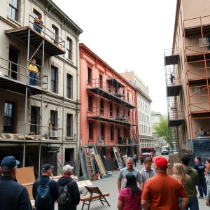 Urban renovation site in Detroit with construction workers and scaffolding.