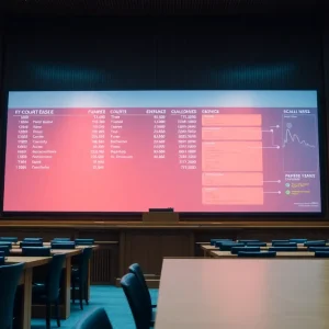 A courtroom with digital displays representing eCourt systems