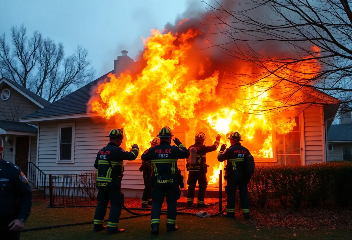 Firefighters and police rescuing residents from a burning house in Farmington Hills