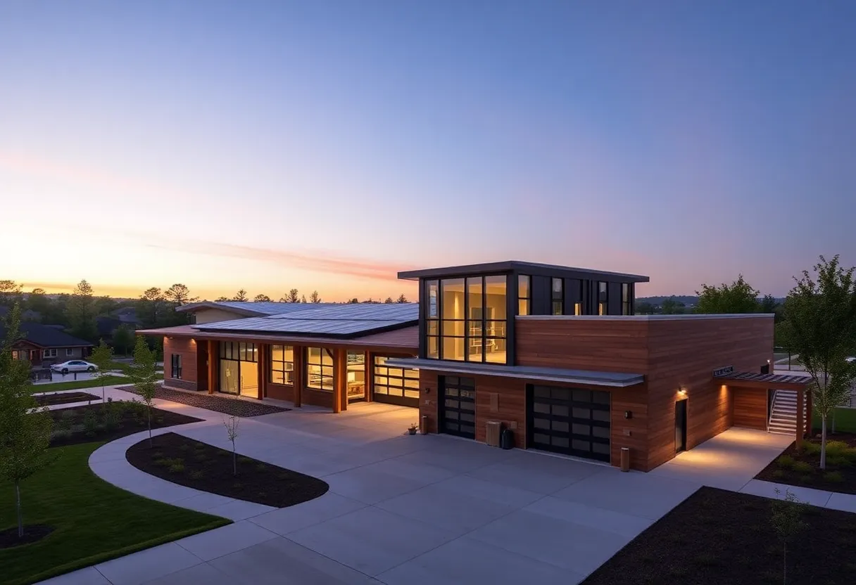 Artist's concept of the new Fire Station 4 in Ann Arbor with modern architecture and eco-friendly features.
