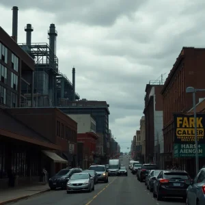 Cityscape of Flint, Michigan with auto manufacturing plants