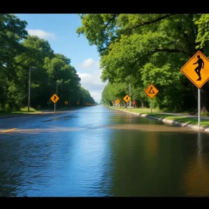 Aerial view of Canton Center Road submerged in water due to flooding