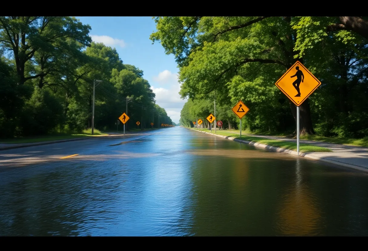 Aerial view of Canton Center Road submerged in water due to flooding