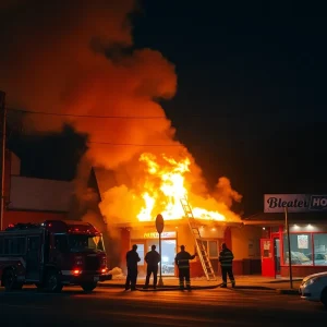 Firefighters responding to a fire at a business in Garden City at night