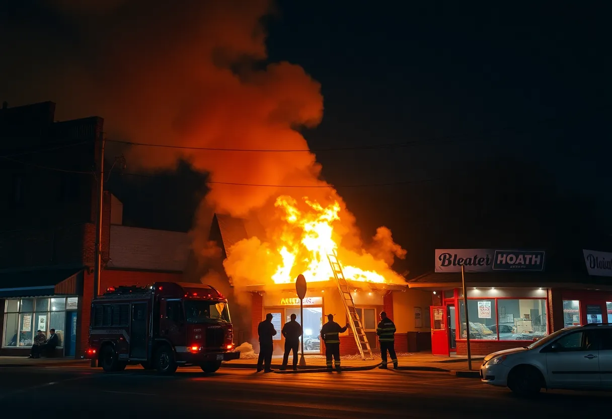 Firefighters responding to a fire at a business in Garden City at night