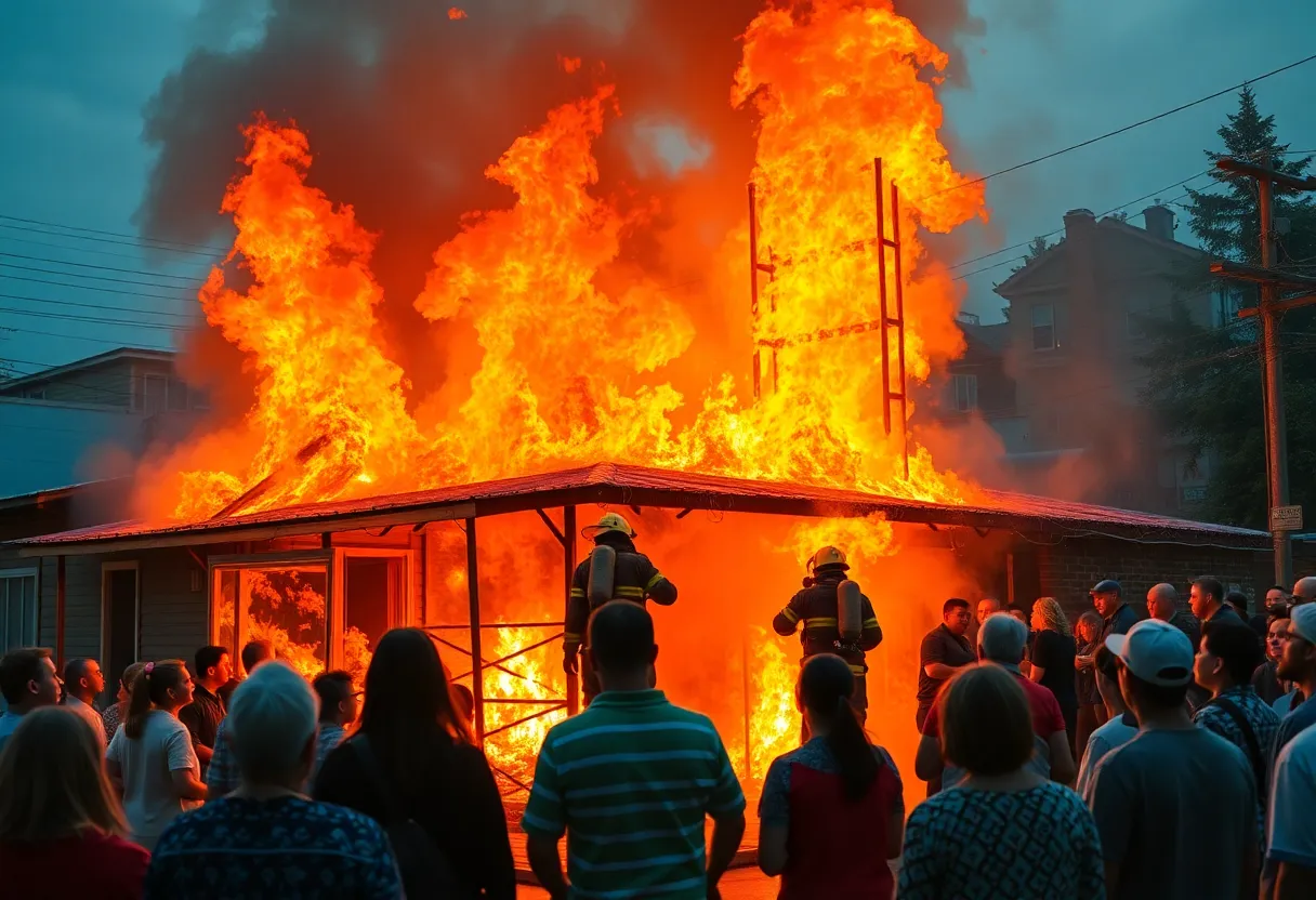 Firefighters at a spa trying to put out fire and rescue victims