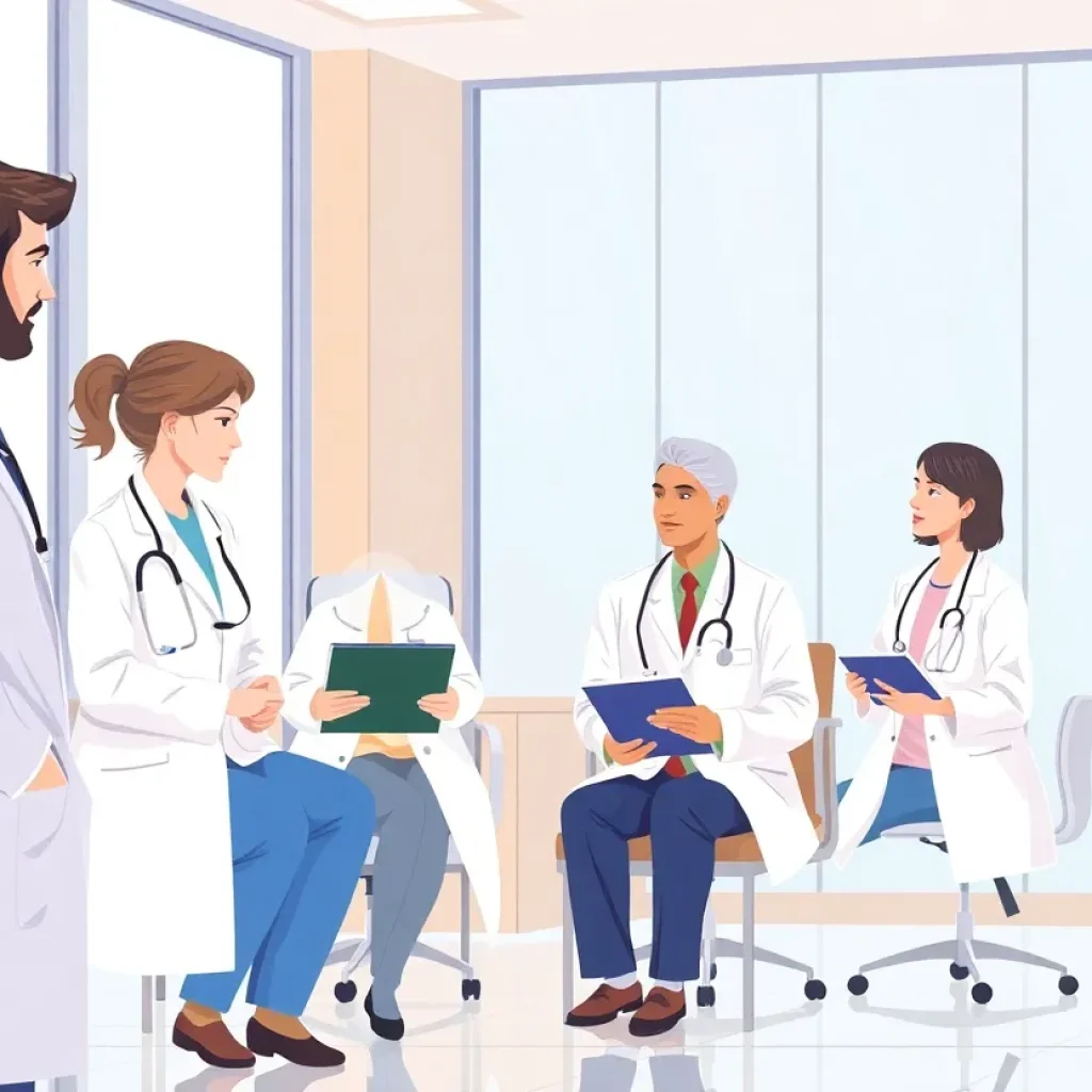 Medical professionals collaborating on health care approvals