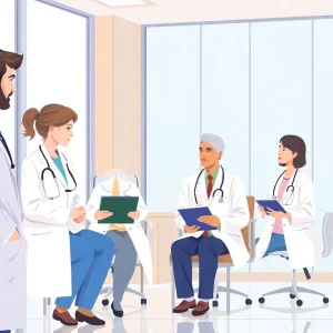 Medical professionals collaborating on health care approvals