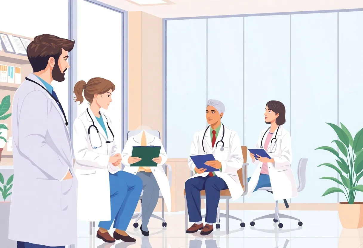 Medical professionals collaborating on health care approvals